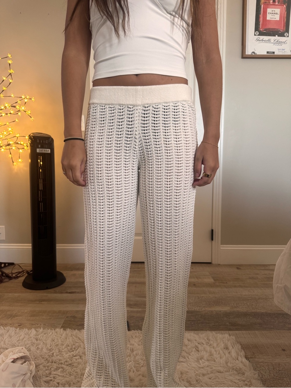 Women's White Crochet Wide-Leg Pants